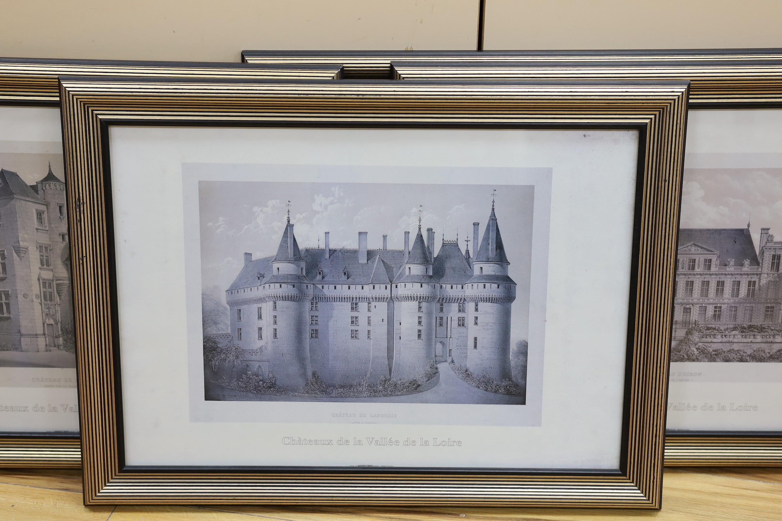 A set of four modern reprints of French chateau, 34 x 49cm